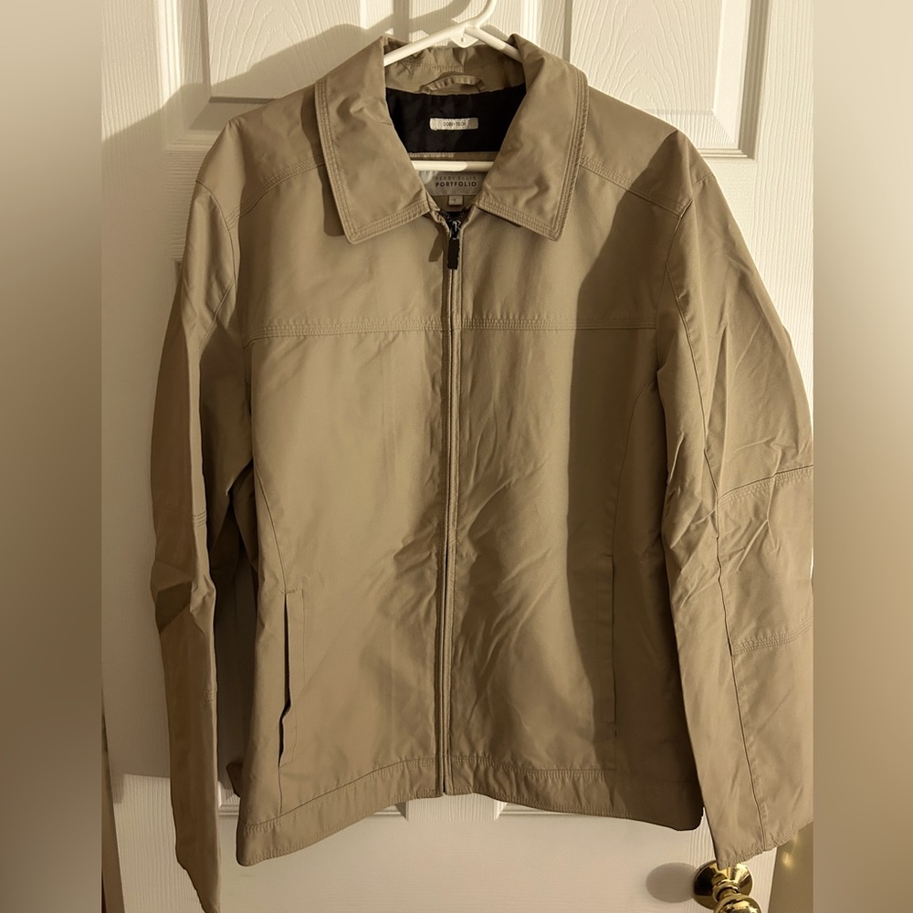 Men's Large Perry Ellis Portfolio Dobby Tech Tan Water Repellent Jacket